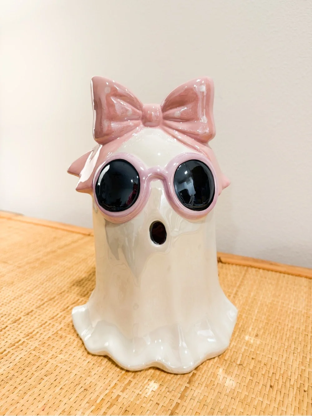 Ceramic Girly Ghost Figurine Pink Bow Polka Dot Bow Glossy 3D Effect Halloween